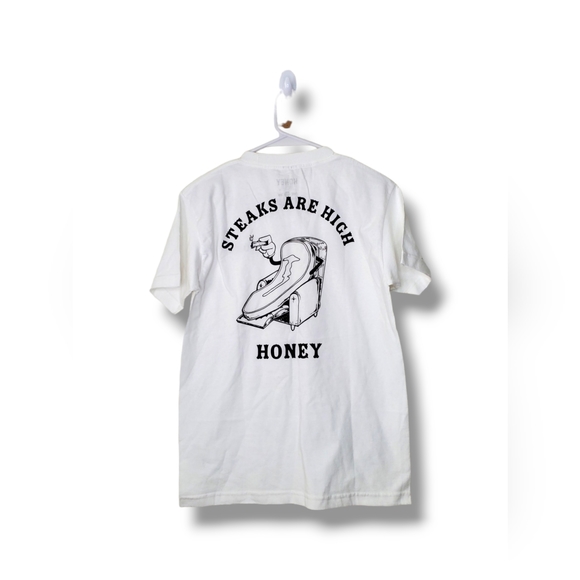 NWOT Honey Brand Co 'Steaks Are High' Graphic Logo Spellout Tee in White Sz S - Picture 8 of 8
